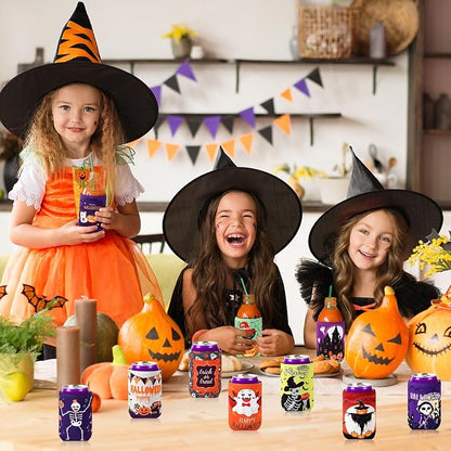 Halloween Can Cooler Sleeves, 18pcs 12 oz Cold Drinks Beer Drink Can Bottle Cooler Sleeves for Trick or Treat Party Favors Decorations Supplies