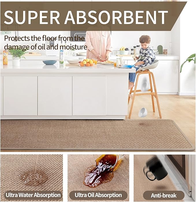 YDKGL Kitchen Mat Set of 2 PCS, Cushioned Non Slip Rugs for Kitchen Floor, Absorbent Runner Comfort Standing Mats Washable for Kitchen,Floor，Office, Home （Brown 17x30+17x59）