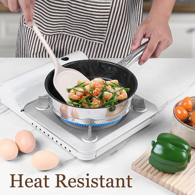 LIANYU Non-Toxic Silicone Kitchen Utensils Set, 8 Piece Non-Scratch Cooking Spoons & Spatulas, Stainless Steel Core, Heat Resistant & Dishwasher Safe, Khaki