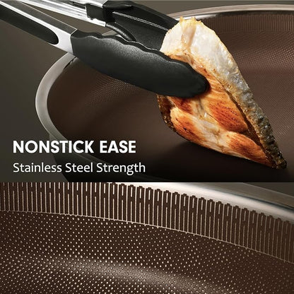 CAROTE 22pcs Hybrid Nonstick Pots and Pans Set, Stainless Steel Cookware Set with Honeycomb Titanium Interior, Induction Safe, Oven Safe, Brown (PFOS, PFOA Free)