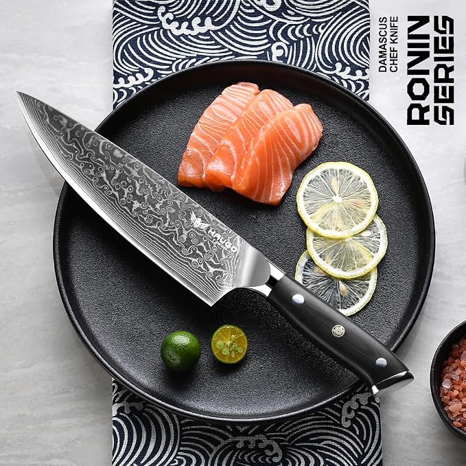 Damascus Chef Knife - Haugo 8 Inch Kitchen Knife with Japanese VG10 Steel Core - Full Tang Handle - Ultra Sharp Professional Cooking Knife - Ronin Series - Gift Box