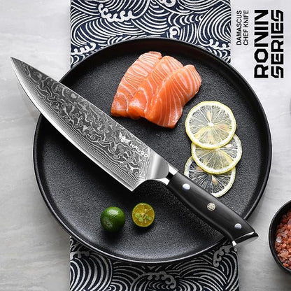 Damascus Chef Knife - Haugo 8 Inch Kitchen Knife with Japanese VG10 Steel Core - Full Tang Handle - Ultra Sharp Professional Cooking Knife - Ronin Series - Gift Box