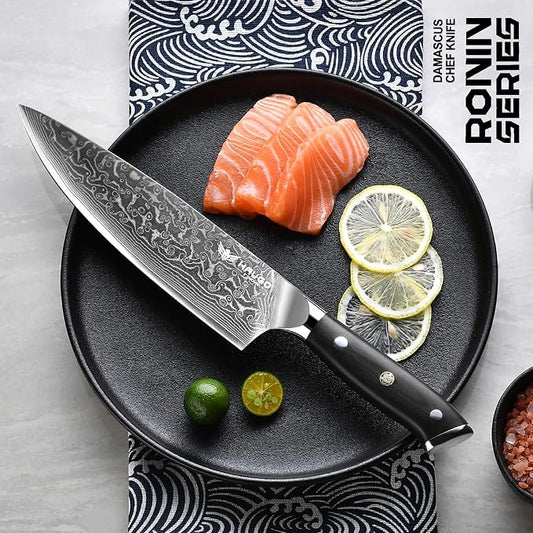 Damascus Chef Knife - Haugo 8 Inch Kitchen Knife with Japanese VG10 Steel Core - Full Tang Handle - Ultra Sharp Professional Cooking Knife - Ronin Series - Gift Box