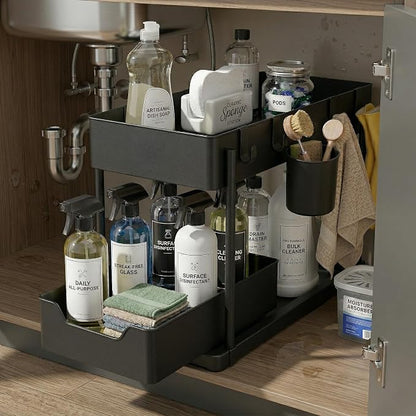 Under Sink Organizer – 2 Tier Sliding cabinet organizer with 4 Hooks & 1 Cup | Multi-Purpose Space Saving Shelf for under kitchen sink storage, Countertop, Bathroom, Pantry & Office Organization