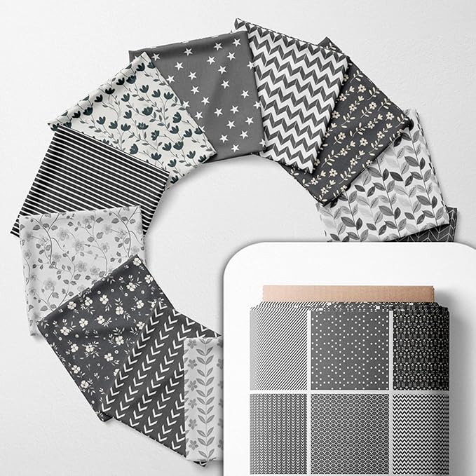 Cotton Satin Patchwork Fabric Panel – 35 Designs, 20×20 cm Squares, Single Piece 150×110 cm, Black & Grey Patchwork Quilt Fabric (Moonlight Patchwork Set, 35pcs 8x8 inch)