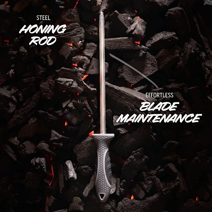 OUTDOOR EDGE ErgoMax Meat Carver Knife Set - Includes Cleaver, Brisket, Butcher & Honing Steel, Premium Titanium-Coated Steel Blades, Non-Slip Rubber Handles, Sharpening Rod