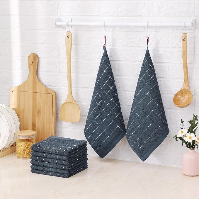 Mordimy 100% Cotton Terrycloth Kitchen Towels and Dishcloths Sets, Soft and Absorbent Checkered Dish Towels, Quick Drying Dish Rags for Washing Dishes, 4 Pack 16" x 26" & 4 Pack 12" x 12", Grey