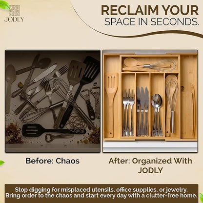 Bamboo Kitchen Utensil Drawer Organizer for Silverware | 100% Natural Expandable 14-20 Inch Kitchen Drawer Organizers for Utensils | Non-Slip Base | Screwed Joints for Long-Lasting Durability