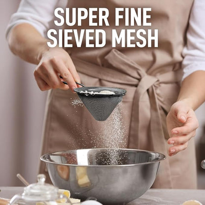 Zulay Kitchen 304 Stainless Steel Fine Mesh Strainer For Kitchen - Sieve Sifters For Food, Tea, Rice, Oil, Noodles, Fruits, Vegetables - Rust-Proof, Easy to Clean Drink Strainer (Black)