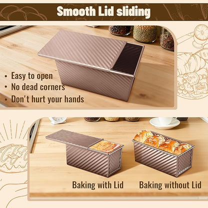 3 Pack Pullman Loaf Pans with Lids, 2.2LB 1LB 0.5LB Bread Pans, Non-stick Carbon Steel Bread Pans for Homemade Sandwich and Baking Sourdough Bread, Corrugated Toast Mold, Golden