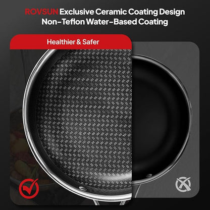 ROVSUN 11 Pcs Non-Stick Cookware Set, Stainless Steel Pots and Pans Set with Lids, Non-Toxic Kitchen Set Chef's Pan, PFOA & PTFE Free, Compatible for All Cooktops