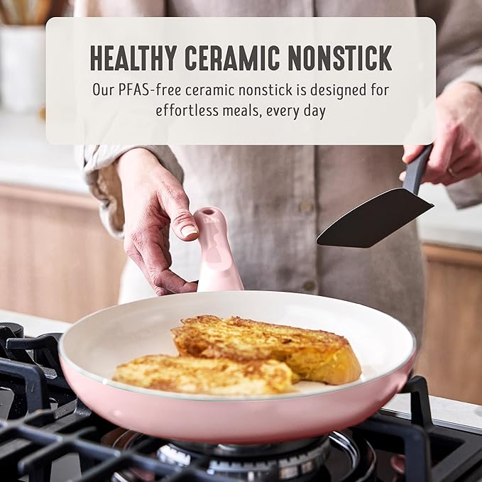 GreenLife 2-Piece Nonstick Frying Pan Set, 8” & 10” Skillets, Non-Toxic Ceramic Cookware, Dishwasher Safe, Stay-Cool Handles, Induction Ready, Fast Heating, Omelet Pan, PFAS Free, Blush Pink