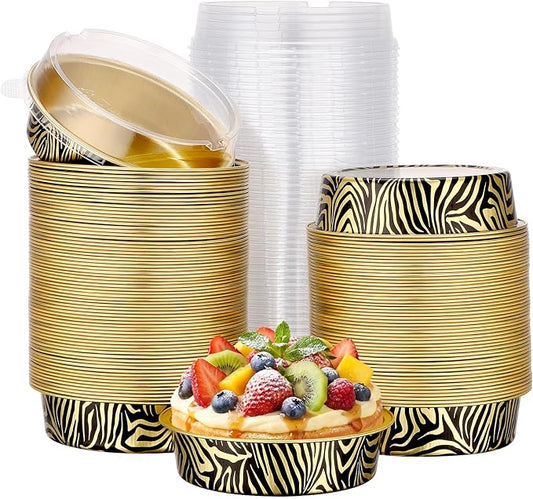 Beasea Disposable Ramekins with Lids, 120 Pack 7.3oz Mini Pie Tins Small Aluminum Foil Pie Tart Cake Baking Pans Individual Round Creme Brulee Containers for Party - Tiger Stripes