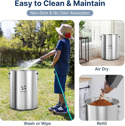 Paw Libero 25 Lbs Stainless Steel Dog Food Storage Container with Airtight Wooden Lid & Ceramic Bone Handle, Large Metal Dog Food Bin for Dogs & Cats, Keep Fresh, Easy to Clean