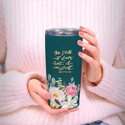 Christian Art Gifts Large Stainless Steel Inspirational Travel Mug Tumbler for Women: Be Still & Know Encouraging Scripture, Vacuum Insulated, Hot/Cold, Retractable Lid, Teal Multicolor Foral, 18 oz.