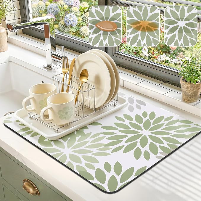 Findosom Floral Dish Drying Mat, 16" x 20" Super Absorbent & Hide Stain Coffee Mat, Cuttable Drying Mat for Kitchen Counter, Under Dish Rack, Coffee Maker, Espresso Machine, Sage Green