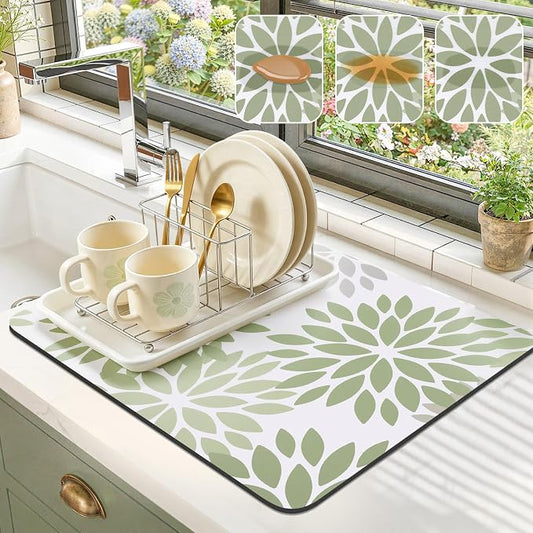 Findosom Floral Dish Drying Mat, 16" x 20" Super Absorbent & Hide Stain Coffee Mat, Cuttable Drying Mat for Kitchen Counter, Under Dish Rack, Coffee Maker, Espresso Machine, Sage Green