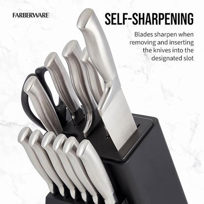Farberware Self-Sharpening 13-Piece Knife Block Set with EdgeKeeper Technology, High Carbon-Stainless Steel Kitchen Knives, Razor-Sharp Knife Set with Wood Block, Black