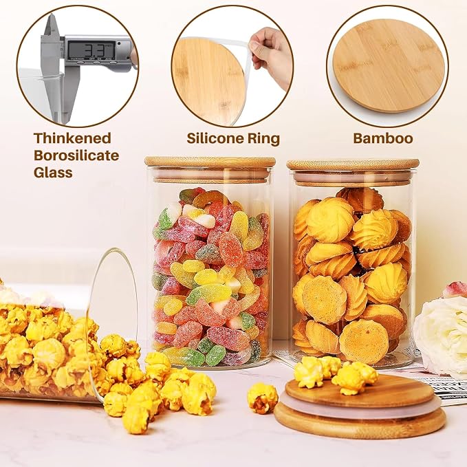 Glass Food Storage Jars with Airtight Lids, Clear Glass Jar with Bamboo Lid, Airtight Food Canister for Tea, Candy, Coffee, Sugar, Cookie, Snack. (Round | 5+6 Inch | 33+17 oz)