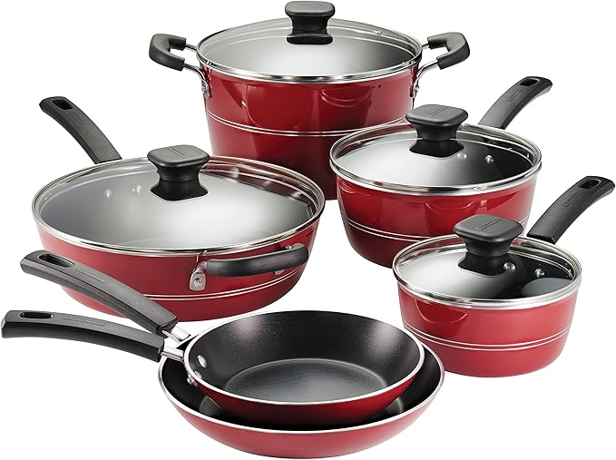 Tramontina Sicilia 10-Piece Non Stick Cookware Set with Glass Lids, Aluminum Nonstick Pots and Pans Kitchen Set (Raspberry)