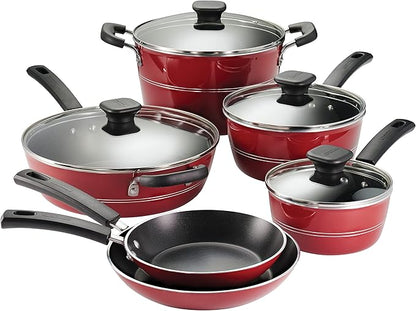 Tramontina Sicilia 10-Piece Non Stick Cookware Set with Glass Lids, Aluminum Nonstick Pots and Pans Kitchen Set (Raspberry)