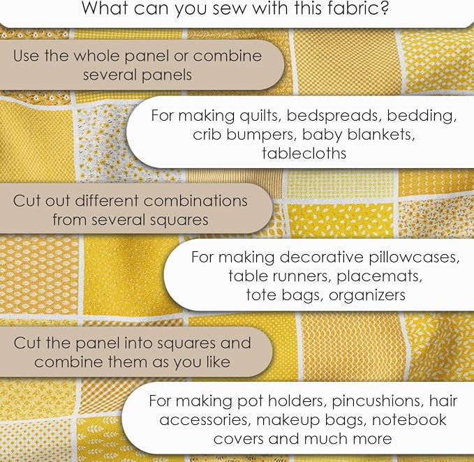 Cotton Satin Patchwork Fabric Panel – 35 Designs, 20×20 cm Squares, Single Piece 150×110 cm, Yellow Patchwork Quilt Fabric (Sunny Bloom Patchwork Set, 35pcs 8x8 inch)
