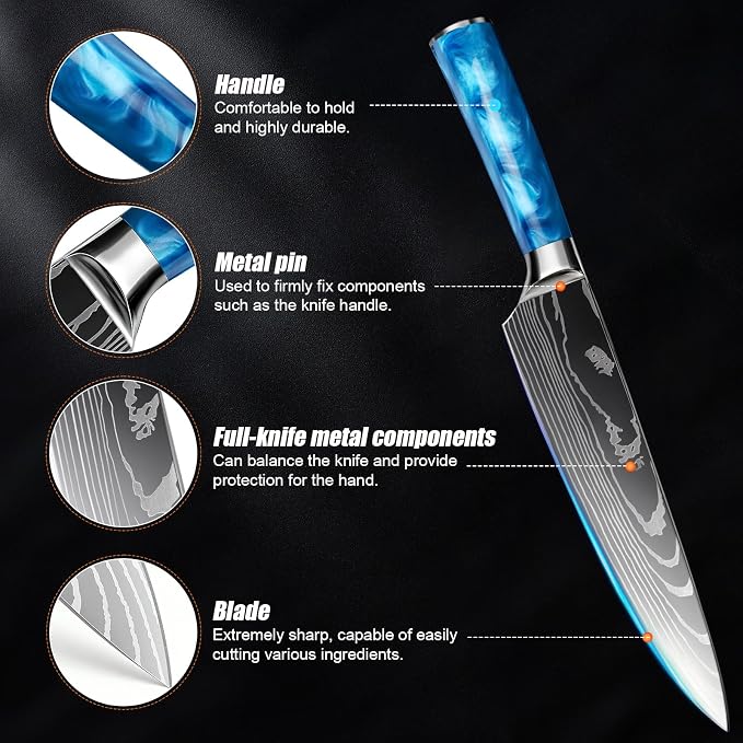 10-Piece Premium Japanese Kitchen Knife Set - Star Collection, Laser Damascus Pattern, 440A Stainless Steel Ultra Sharp for Fast Cutting (Blue)