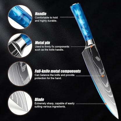 10-Piece Premium Japanese Kitchen Knife Set - Star Collection, Laser Damascus Pattern, 440A Stainless Steel Ultra Sharp for Fast Cutting (Blue)
