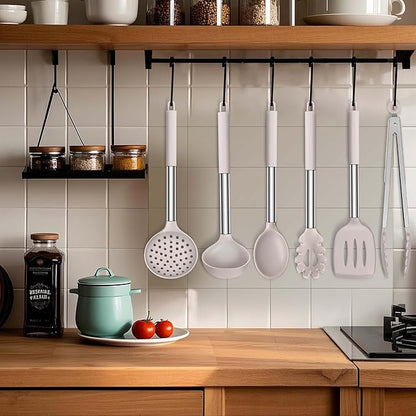 LIANYU Cooking Utensils Set of 6, Silicone Kitchen Utensils Set for Nonstick Cookware, Heat Resistant Kitchen Gadgets Tools, Includes Spatulas, Spoons, Tongs, Stainless Steel Handle, Khaki