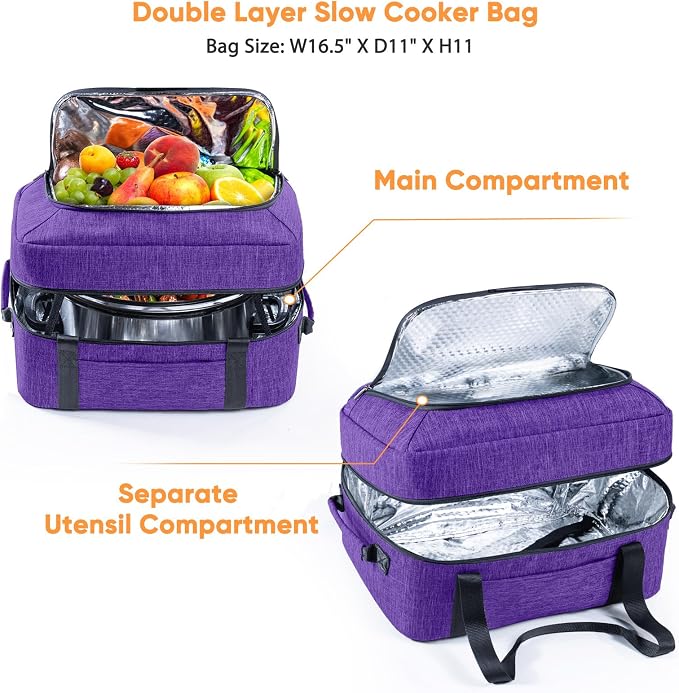 BAGSPRITE Double-Layer Slow Cooker Carrying Bag for 6-8 Quart CrockPot and Hamilton Beach Slow Cooker, Travel Bag with Lid Fastener for Crock-pot, Portable Carrier Case Slow Cooker Bag, Purple