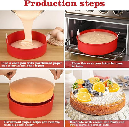 HUAKENER 10 Inch Round Cake Pan, 3 Pack Silicone Cake Molds with 100 Pieces Parchment Paper, Nonstick Cake Molds for Birthday Cakes, Layer Cakes, Cheese Caks, Chocolate Cakes
