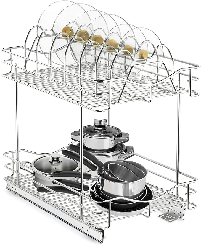 FULGENTE Pull Out Cabinet Pots and Pans Organizer 11" W x 18" D 2 Tier Wire Basket for Lid Cookware Drawer Slide Out Kitchen Cupboard Organization Shelves Shelf for Pantry Roll Out Storage, Chrome