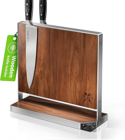 RAVS Magnetic Knife Holder for Countertop, Double-Sided Acacia Wood Magnetic Knife Block with Stainless Steel Frame, Freestanding Knife Storage Rack with Knife Sharpener, Magnetic Knife Holder Stand