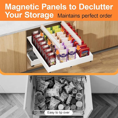 Pull out Cabinet Organizer Expandable W(12"-20") and D(16"-22"), No Drill Adjustable Slide Out Drawers With 3 Slide Rails, 2Pcs Magnetic Panel, Adhesive Roll out Shelves for Kitchen, Cabinets, Pantry