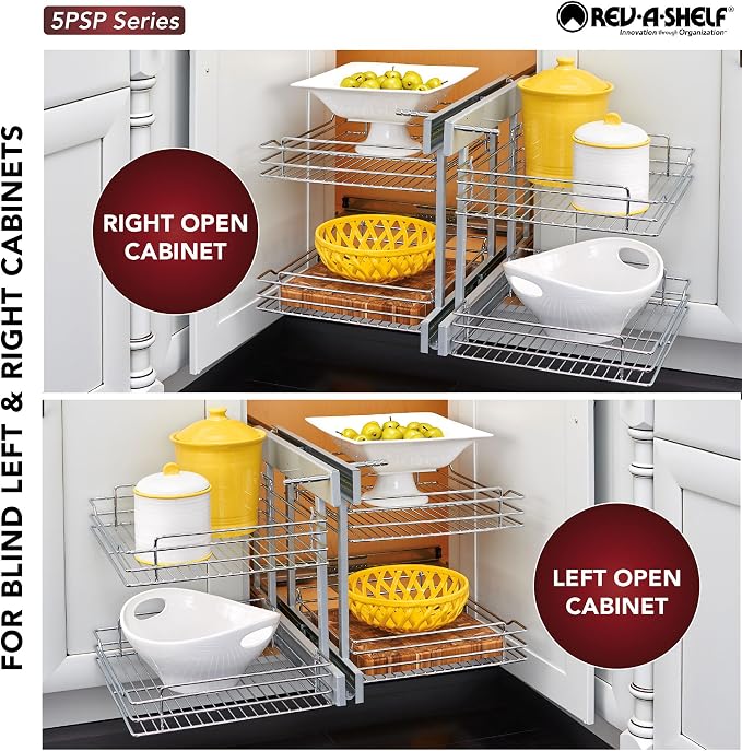 Rev-A-Shelf Chrome Two-Tier Wire Bottom Pullout Organizer for Blind Corner Base Kitchen Cabinets, Adjustable 4-Basket Storage System, Min Opening Width of 18", 5PSP-18-CR