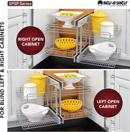 Rev-A-Shelf Chrome Two-Tier Wire Bottom Pullout Organizer for Blind Corner Base Kitchen Cabinets, Adjustable 4-Basket Storage System, Min Opening Width of 18", 5PSP-18-CR