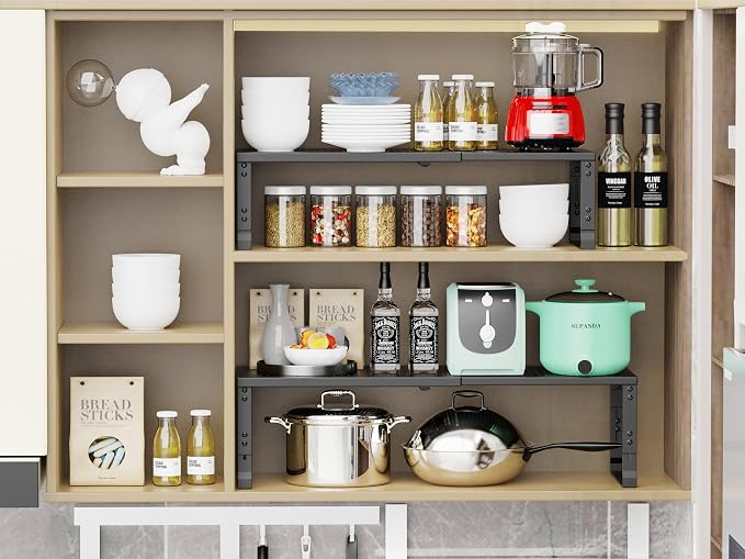 Jojocross Adjustable Expanable Stackable Spice Rack Shelf Pantry Storage Organizer for Kitchen Cabinet,Countertop,Bathroom and More.Space is no Longer Limited(1Pack/Black/Large)