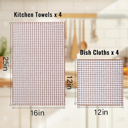 Homaxy Kitchen Towels and Dishcloths Set, 16 x 25 and 12 x 12 Inches, Set of 12 Cotton Terry Kitchen Dish Towels, Super Soft and Absorbent Dish Cloths, Brown