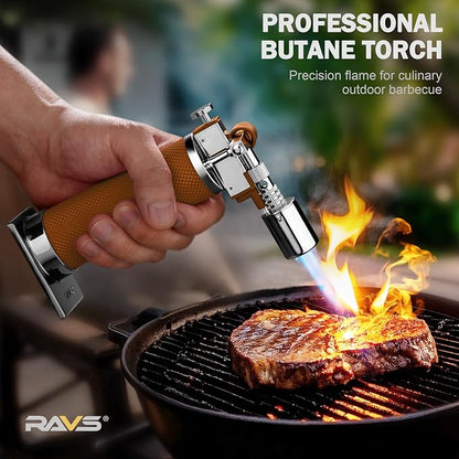 RAVS Butane Torch Lighter, Premium Metal Kitchen Torch with Adjustable Flame & Safety Buckle, Cooking Torch for Creme Brulee, BBQ, Welding, DIY, Brown, Butane Gas Not Included