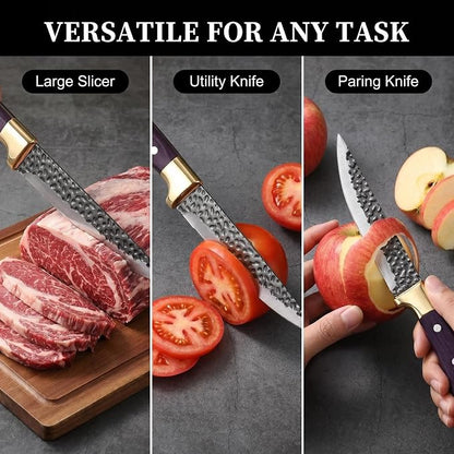 Premium 3-Piece Kitchen Knife Set with Leather Sheaths, High Carbon Steel Forged Boning/Carving/Utility Knives, Sharp Meat Cleaver & Butcher Knives for Kitchen, BBQ & Food Prep, Purple Wood Handle