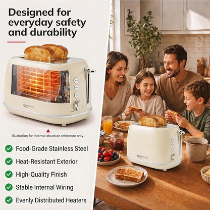 Toasters 2 Slice Retro Stainless Steel Toasters with Bagel, Cancel, Defrost Function and 6 Bread Shade Settings Bagel Toaster, Beige