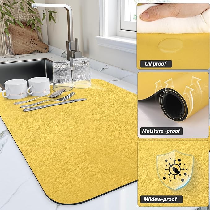 HotLive Dish Drying Mat for Kitchen Counter, Heat Resistant Drainer Mats with Non-slip Rubber Backed, Hide Stain Kitchen Super Absorbent Draining Mat, Easy to Clean Dish Rack Pad, Yellow 18"x28"