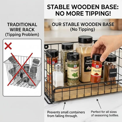 TIEYIPIN 2-Tier Spice Rack Organizer for Countertop, Stackable Metal Wire Kitchen Organization and Storage, Wall Mounted Seasoning Rack with Wooden Base for Cabinet, Pantry, Farmhouse Black