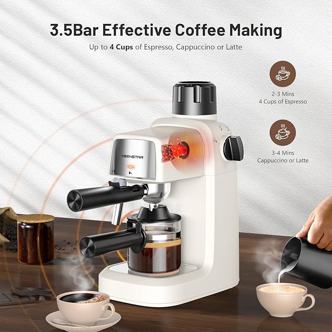 KEENSTAR 3.5Bar Espresso Machine with Milk Frother, 800W Compact Espresso and Cappuccino Maker, Preheating Function, 4-Cup Espresso Maker for Latte or Cappuccino Upgraded Version