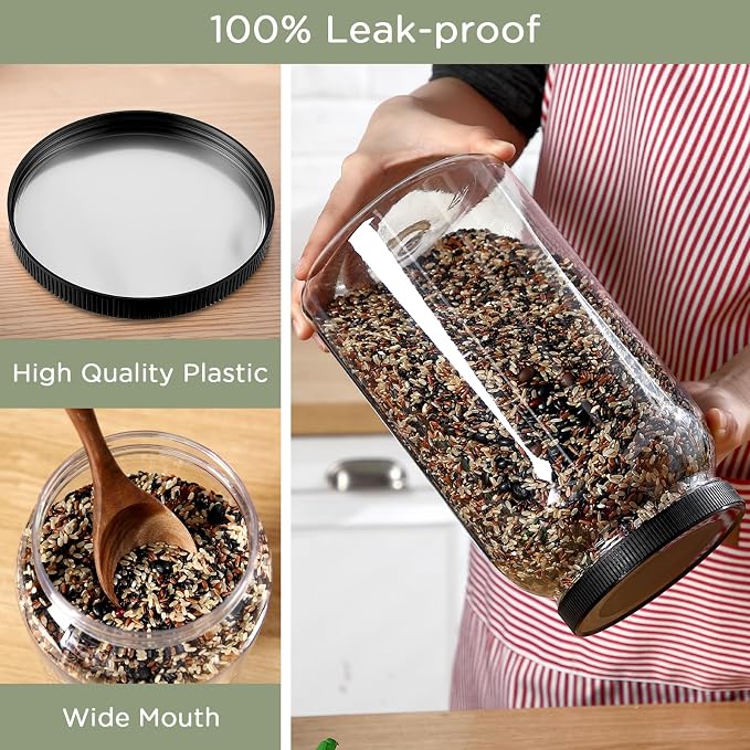 Dandat 8 Pcs 1 Gallon Clear Plastic Jars Airtight Pantry Large Mouth Jars Plastic Jug Cylinder Containers with Lids for Candy Butter Honey Sugar Cookies Arts Crafts Bartender Kitchen (Black Lids)