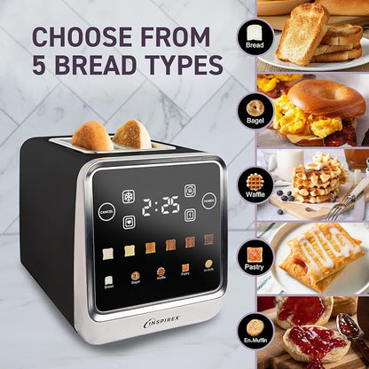 Inspirex Touch Screen Toaster - 2 Extra Wide Slots - 5 Bread Types and 6 Browning Levels - Defrost, Reheat, Favorite, & Single Slot Modes - For Toast, Bagels, & Waffles – Black