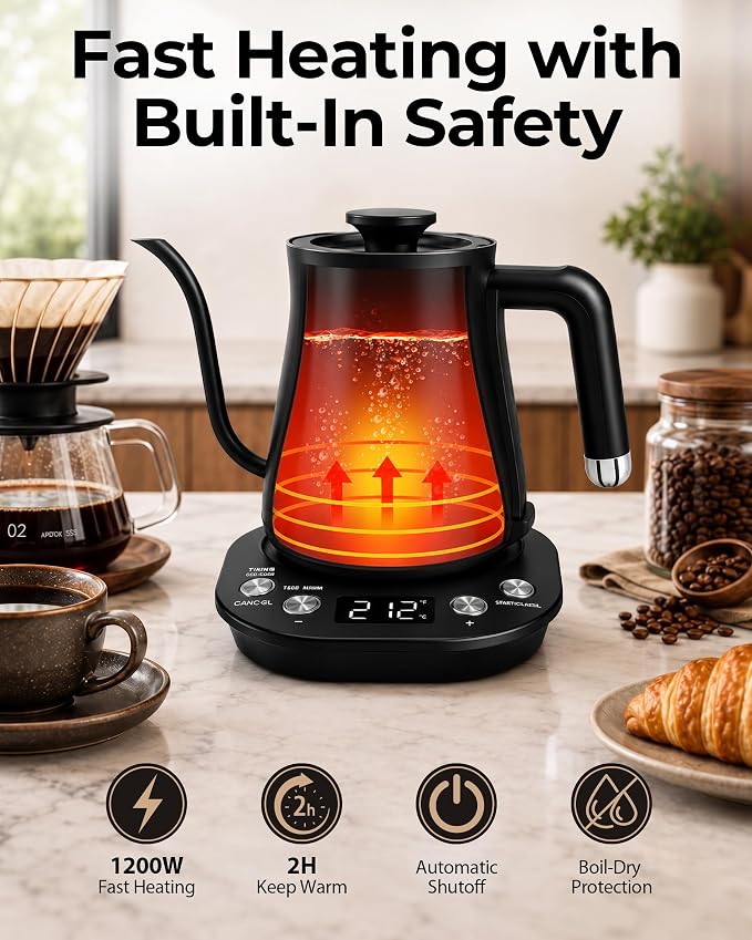 Gooseneck Electric Kettle with ±1℉ Temperature Control, 304 Stainless Steel Interior, BPA Free, 1200 Watt Rapid, Brew Timer, Automatic Shut Off for Pour Over Coffee, Brew Tea, Boil Hot Water