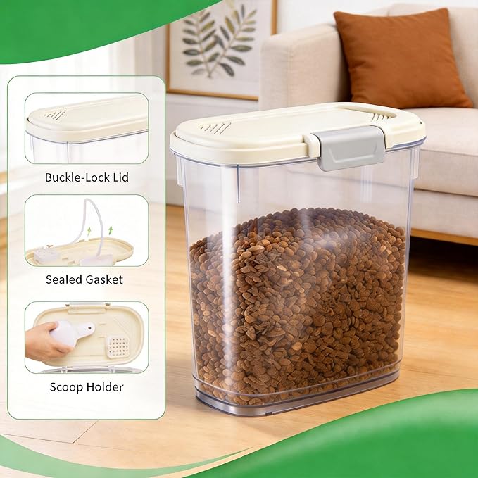 Airtight Dog Food Storage Container 10 Lbs - Slim Tall Pet Cat Food Treat Container with Lid, Scoop and Cup - Clear Plastic Dry Food Storage Bin for Dogs, Cats, Bird Seeds, Kibble, Pellets