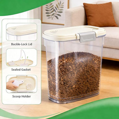 Airtight Dog Food Storage Container 10 Lbs - Slim Tall Pet Cat Food Treat Container with Lid, Scoop and Cup - Clear Plastic Dry Food Storage Bin for Dogs, Cats, Bird Seeds, Kibble, Pellets