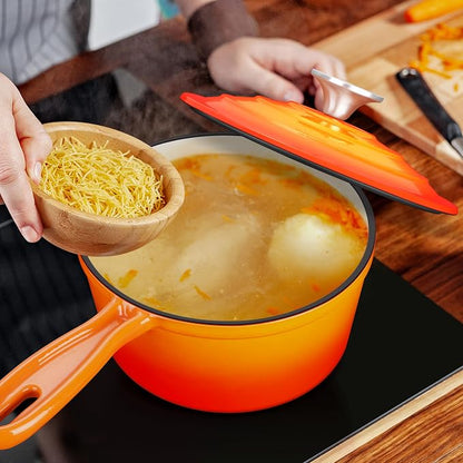 Enameled Cast Iron Sauce Pan with Lid, Leonyo 2 Quart Saucepan with Lid, Small Enamel Cast Iron Dutch Oven Kitchen Cookware for All Cooktops Making Pasta Sauce, Soup, Milk - Up to 500°F & Orange